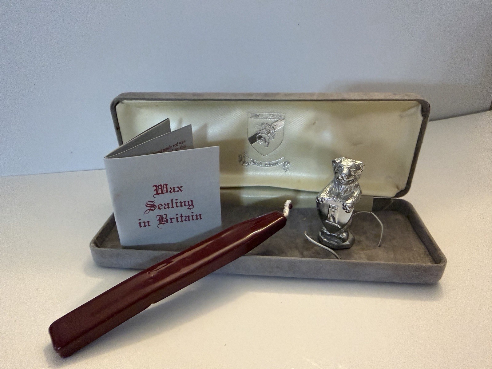 Vintage British Wax Seal Stamp Set Heraldic Lion Rampant Monogram P w/ Box
