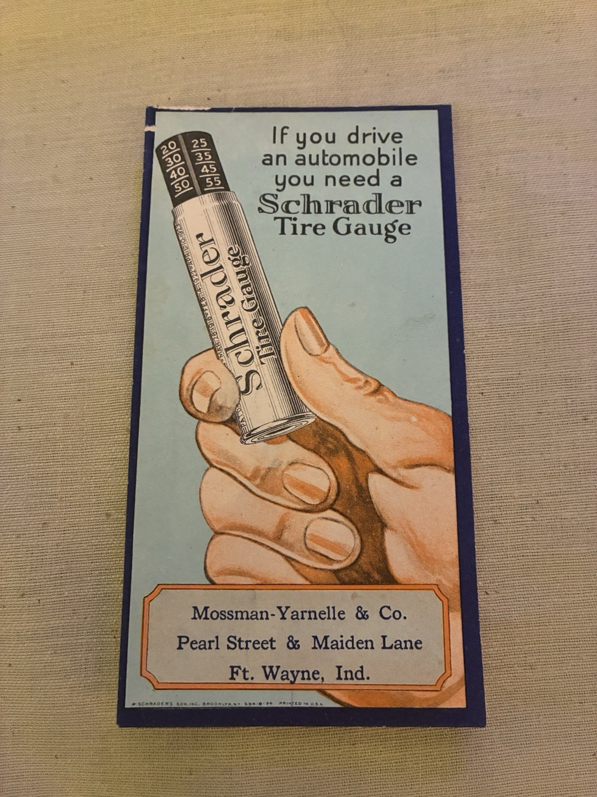 Vintage 1920s Schrader Tire Gauge Advertising Blotter Mossman