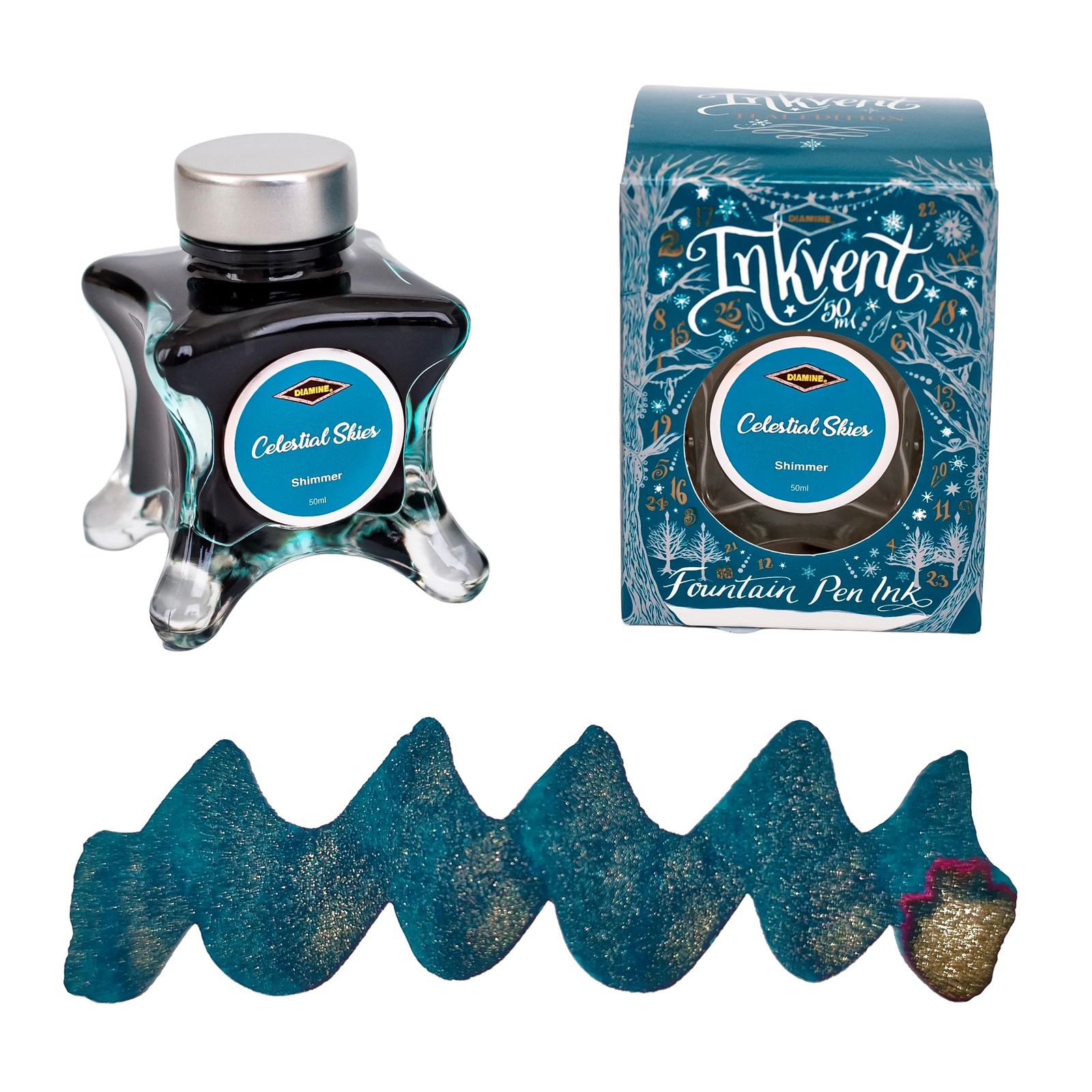 Diamine Inkvent Teal Edition Shimmer Bottled Ink in Celestial Skies - 50 ml NEW