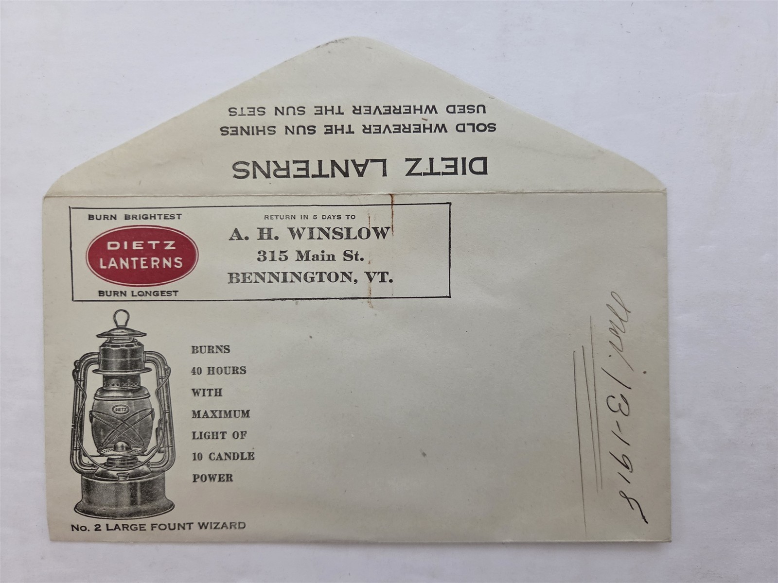 c1910 antique DIETZ LANTERN AH WINSLOW bennington vt WIZARD advertising ENVELOPE