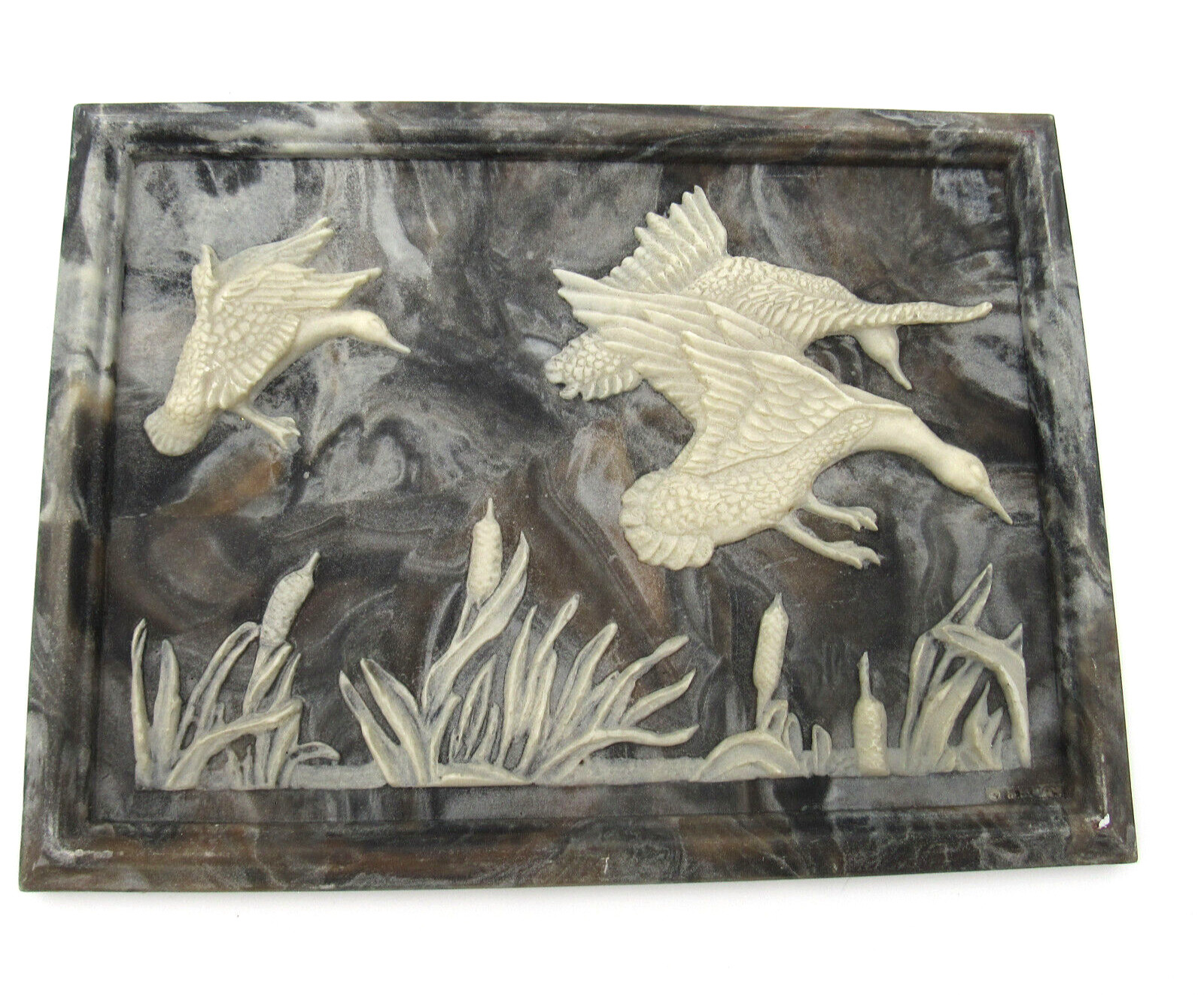 VTG Genuine Incolay Stone Relief Geese Cattails Hanging Wall Plaque Grandpa Core