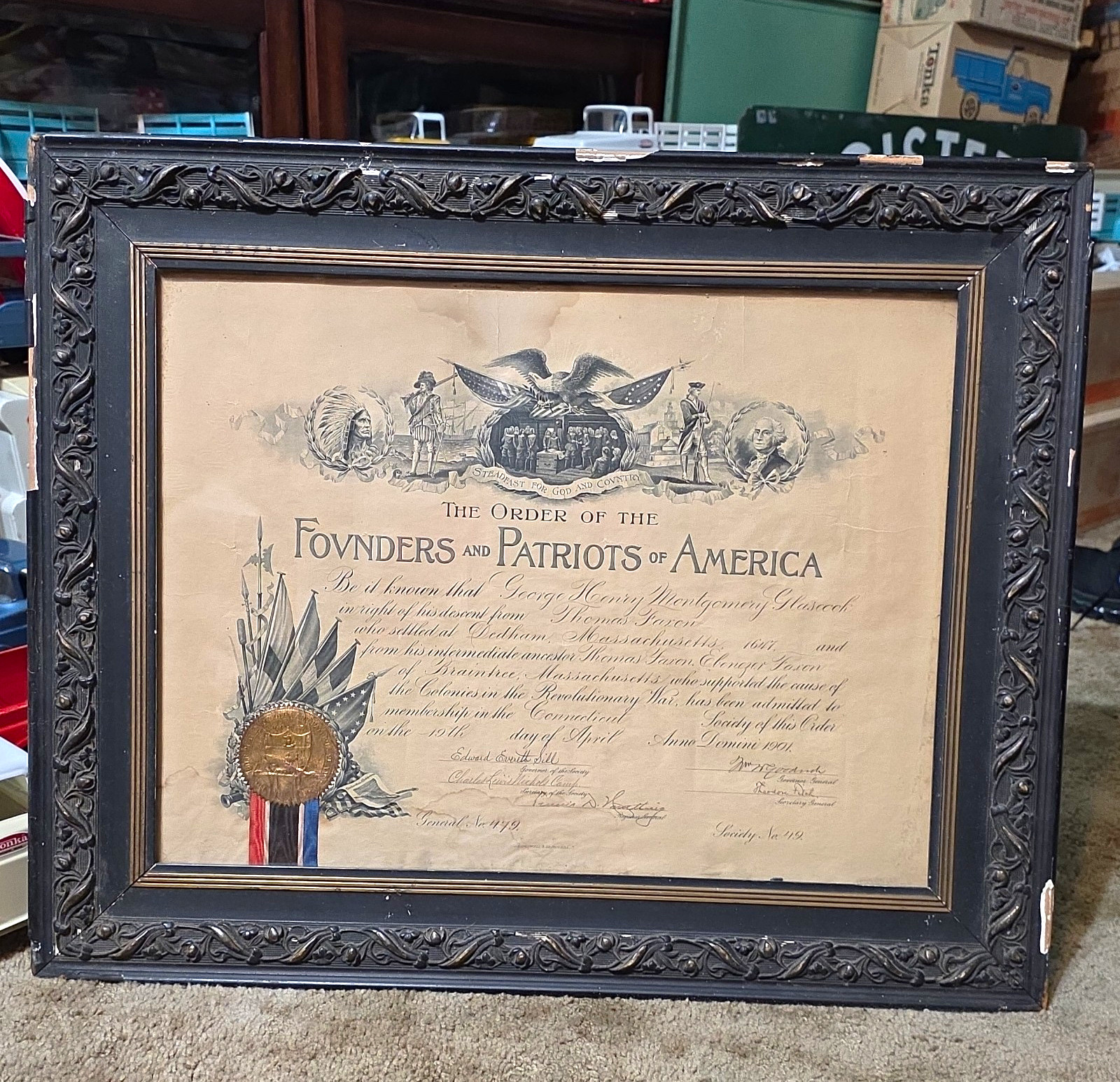 Founders and Patriots of America Signed Membership Certificate 1901 Framed Founders and Patriots of America Signed Membership Certificate 1901 Framed