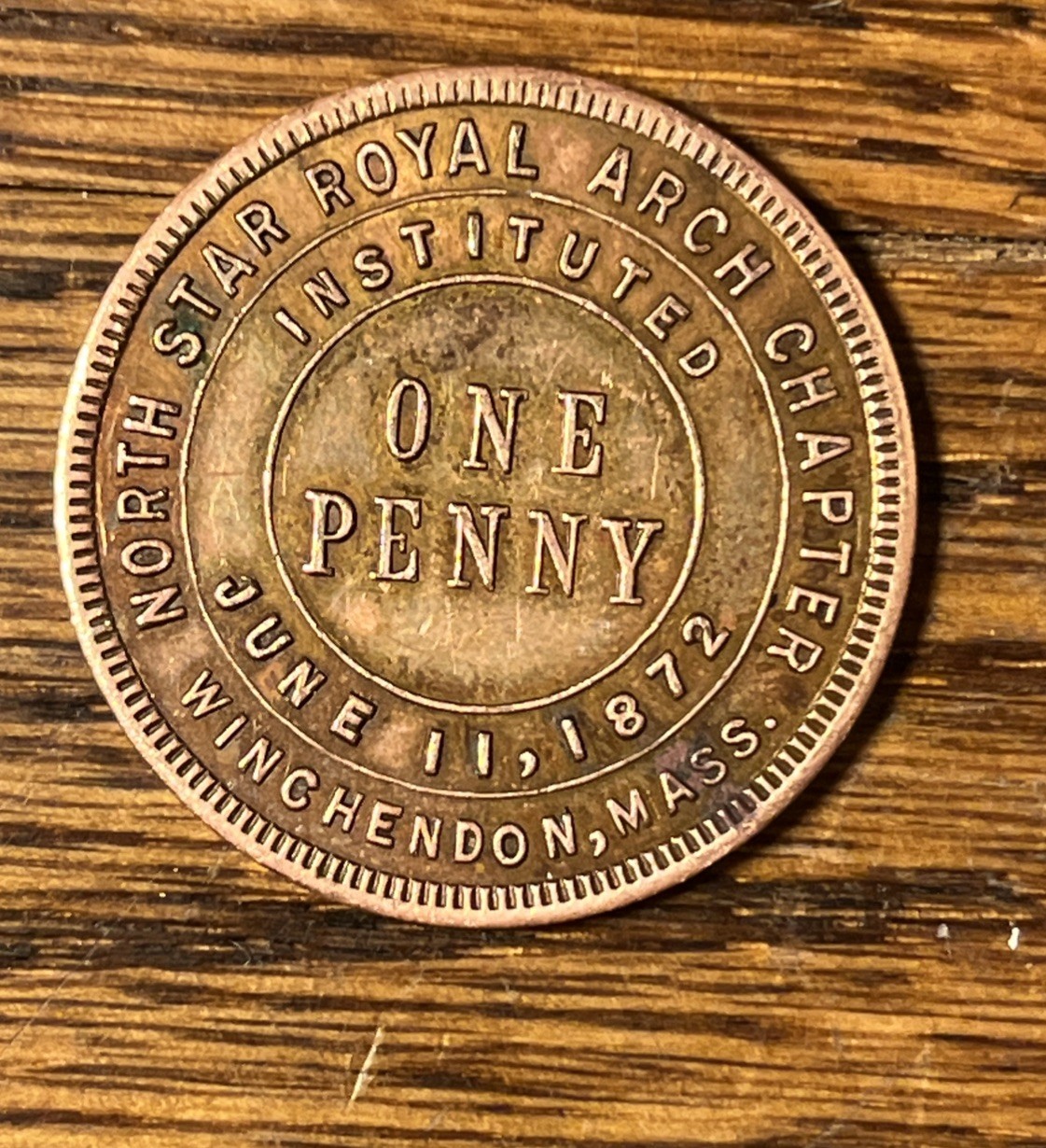 1872 Masonic Penny North Star Royal Arch Chapter Penny Winchendon MA One Penny