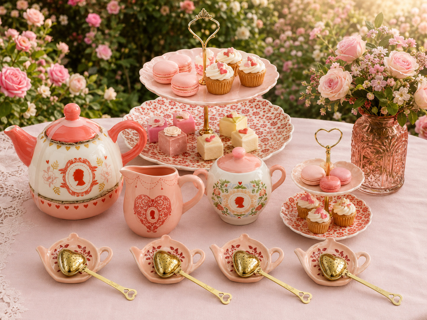 Brand New Rare Bridgerton 14 Pc Coral Tea Set Teapot Tiers Steepers Vase Brand New Rare Bridgerton 14 Pc Coral Tea Set Teapot Tiers Steepers Vase