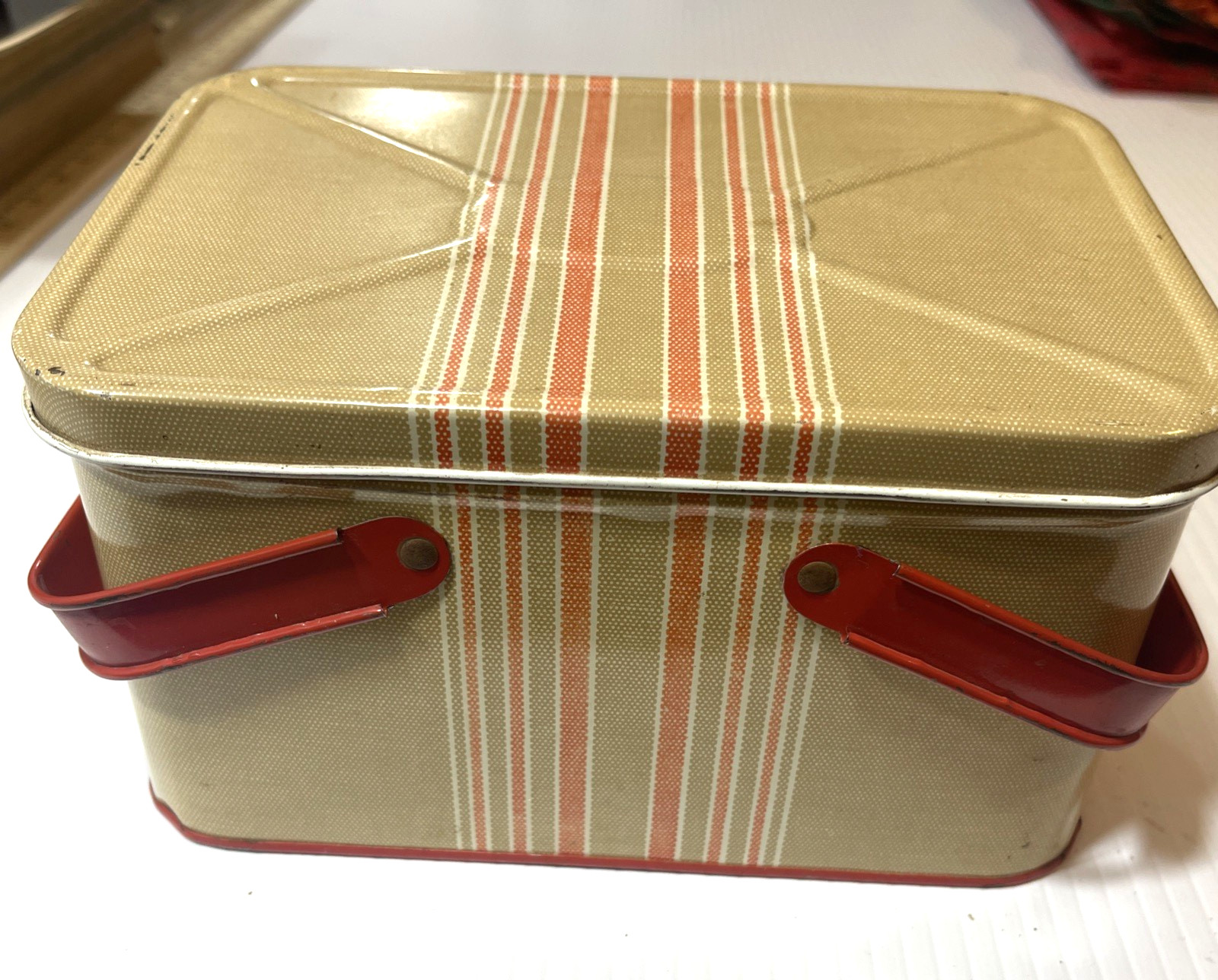 Vintage Tin Picnic Basket Child’s Lunch Tin Stripes 40’s 50’s Primitive Decor