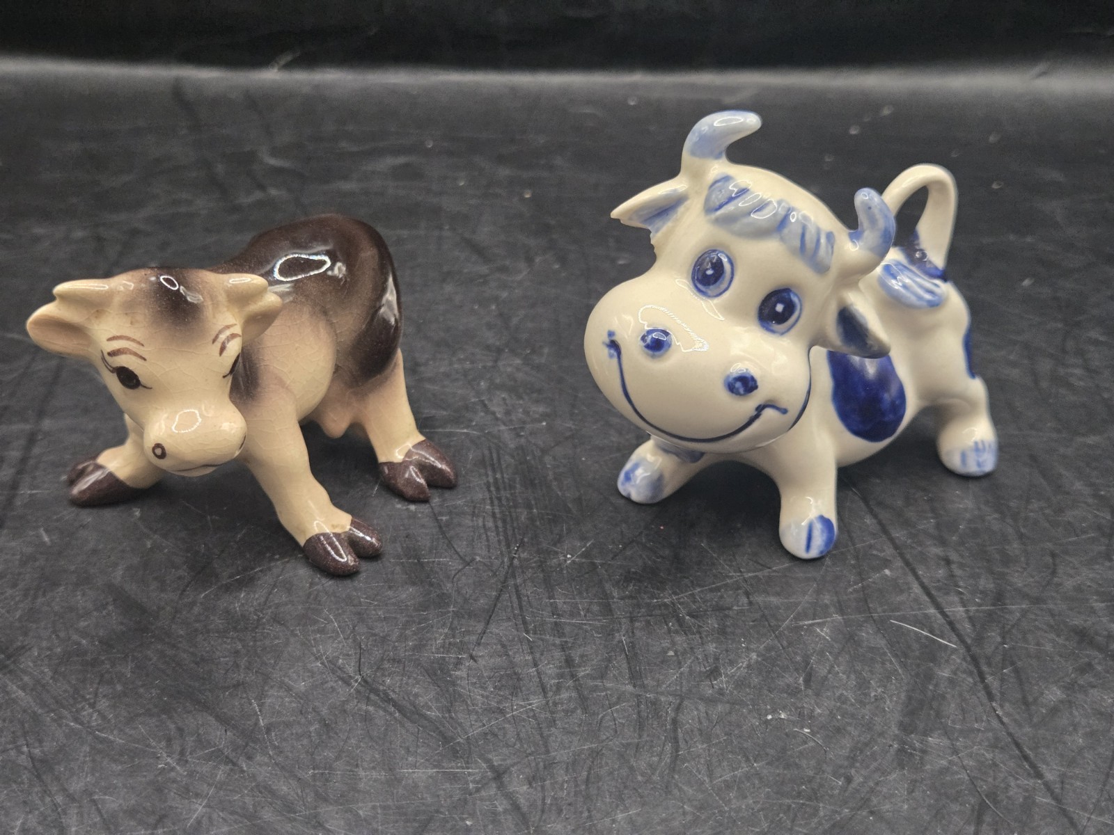 2 Vtg Kitchy MCM Porcelain Cow Figurines 1-Delft & 1-Josef Originals?