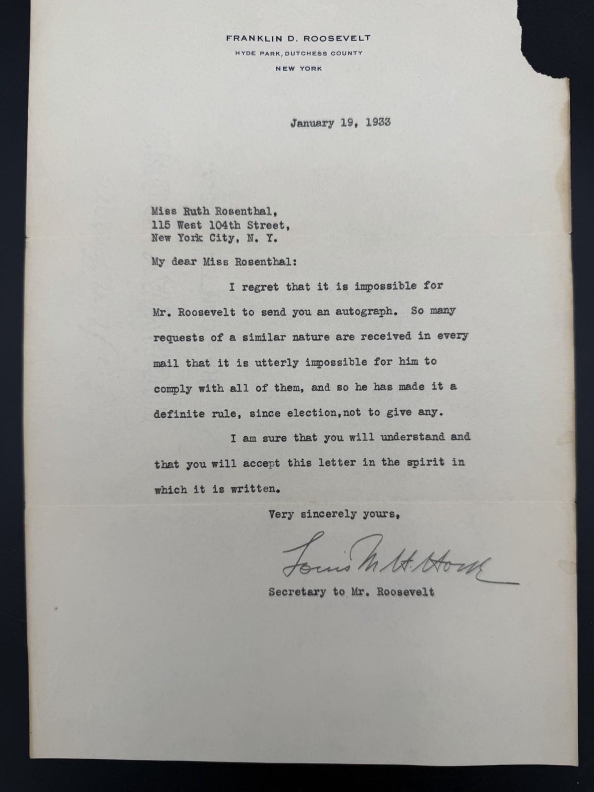 1930s Letter Signed by Louis Howe, Secretary to FDR - Denying Autograph Request