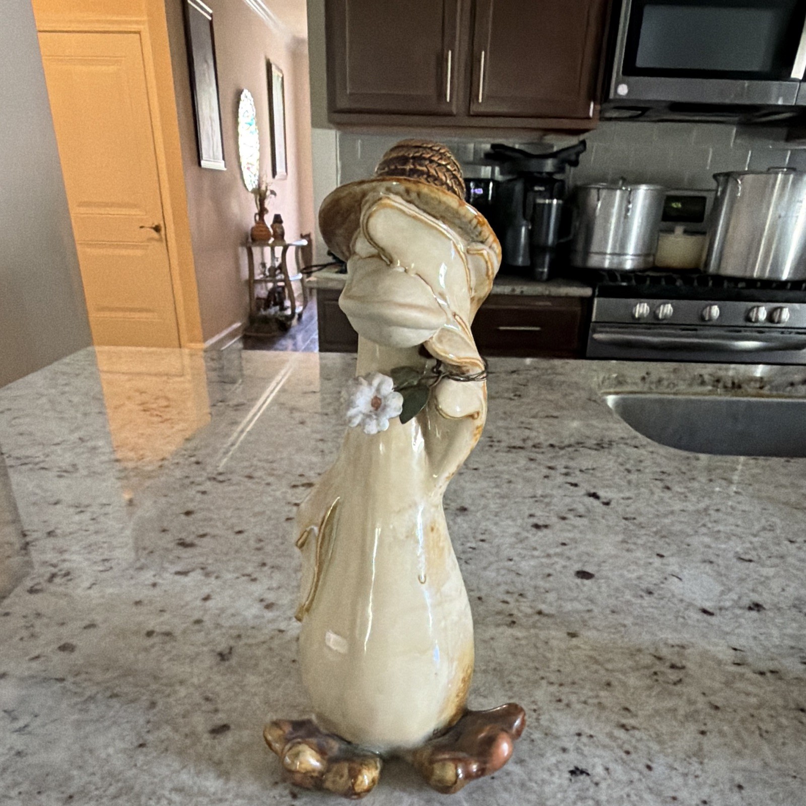 Vintage Ceramic Duck Figurine Straw Hat Daisy Pottery Decor