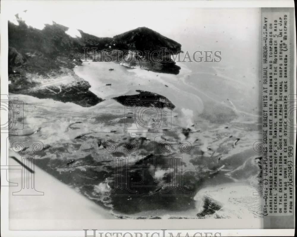 1943 Press Photo Aerial view Japanese ships in Rabaul Harbor under bombardment 1943 Press Photo Aerial view Japanese ships in Rabaul Harbor under bombardment