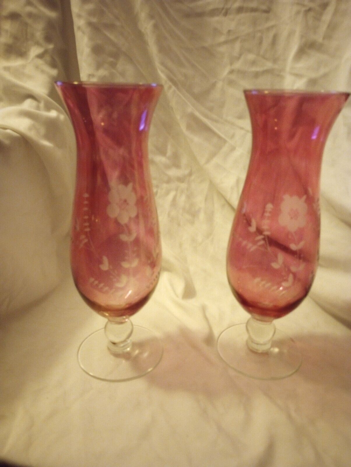 Pair Antique Ruby Glass Etched Vases