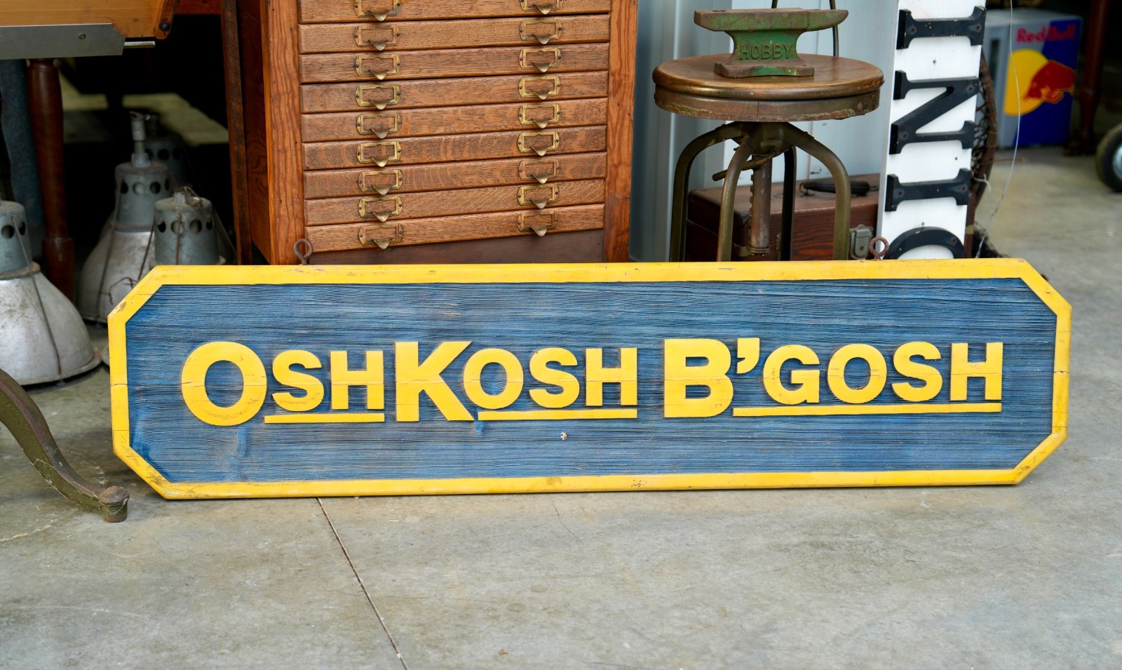 Oshkosh B’Gosh Vintage Denim Chore Coat Sign Overalls Workwear Double Sided Wood