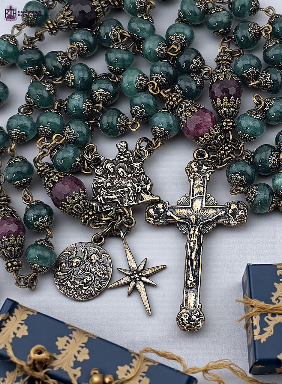 Joy of Christmas Rosary Nativity Scene -Heirloom Bronze Green Red Jade