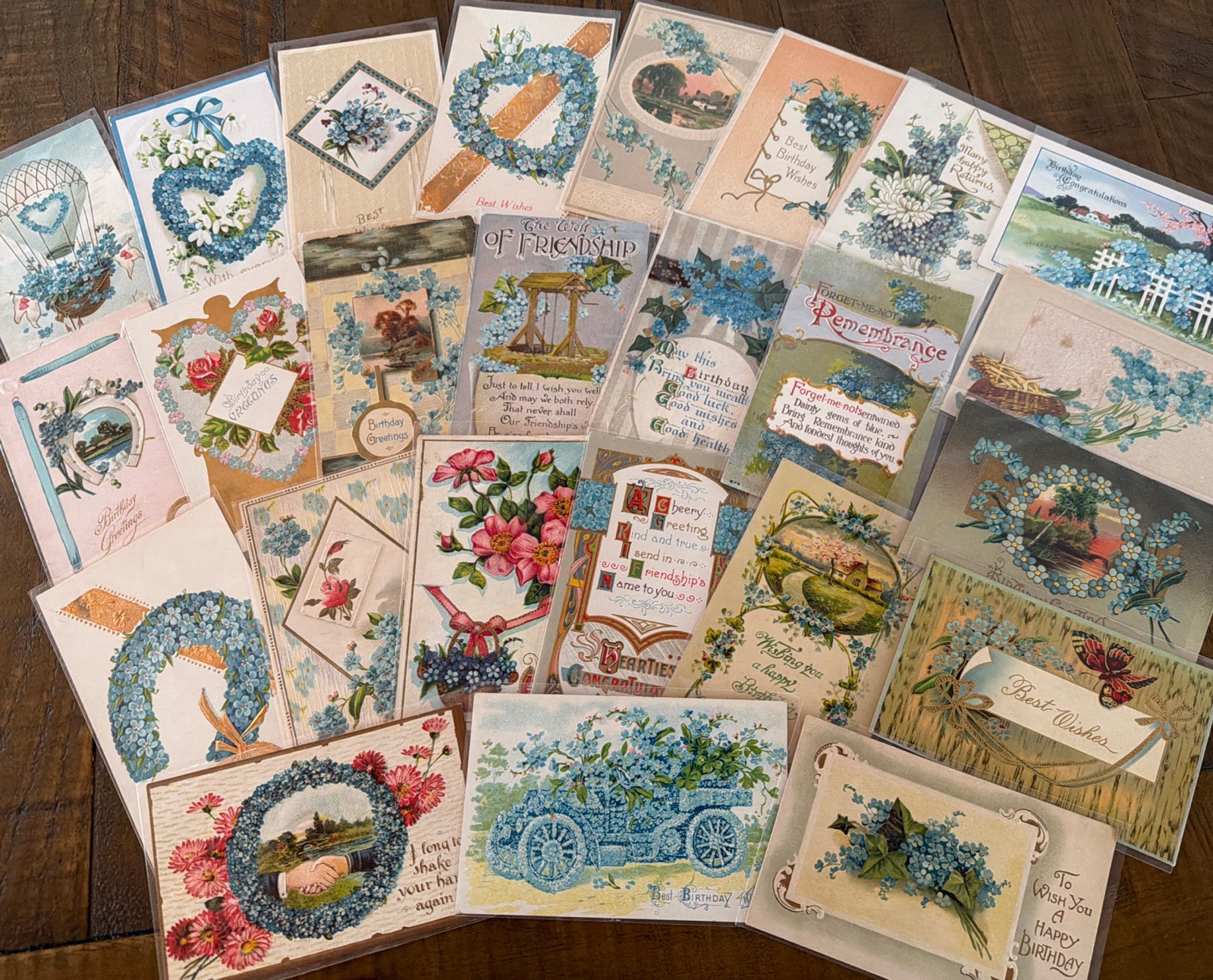 Lot of~25~ Antique~Greetings~Postcards w.~FORGET-ME-NOTS FLOWERS~in Sleeves-s556 Lot of~25~ Antique~Greetings~Postcards w.~FORGET-ME-NOTS FLOWERS~in Sleeves-s556
