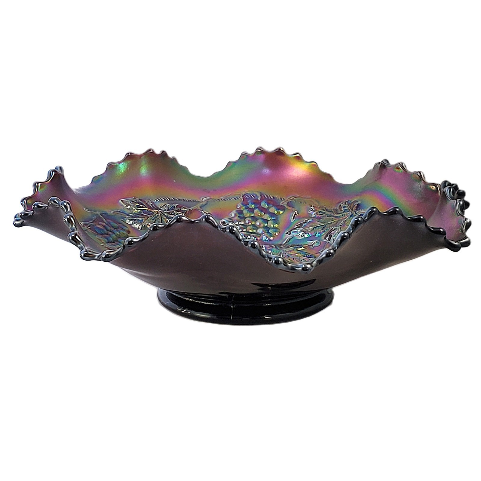 NORTHWOOD GRAPE & CABLE Amethyst CARNIVAL Glass Ruffled Bowl ca 1910 Antique 9\