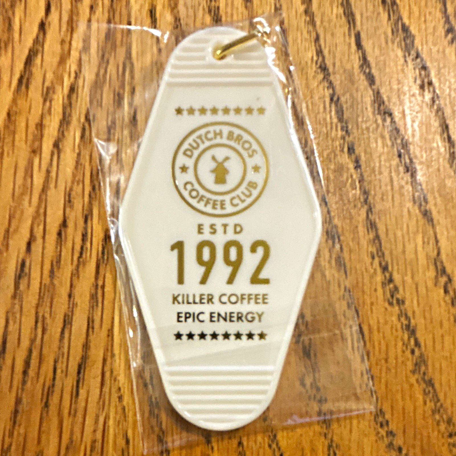 Dutch Bros Coffee Club ESTD 1992 White/Gold Plastic Keychain Detachable Keyring