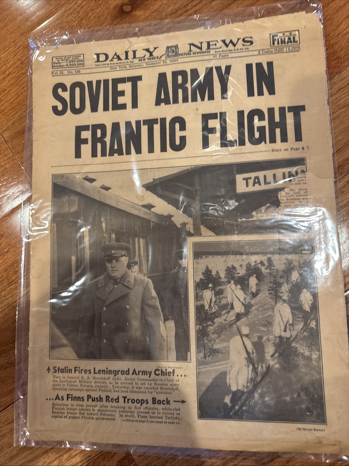 1939 DEC 23 NEW YORK DAILY NEWS - SOVIET ARMY IN FRANTIC FLIGHT - WWII