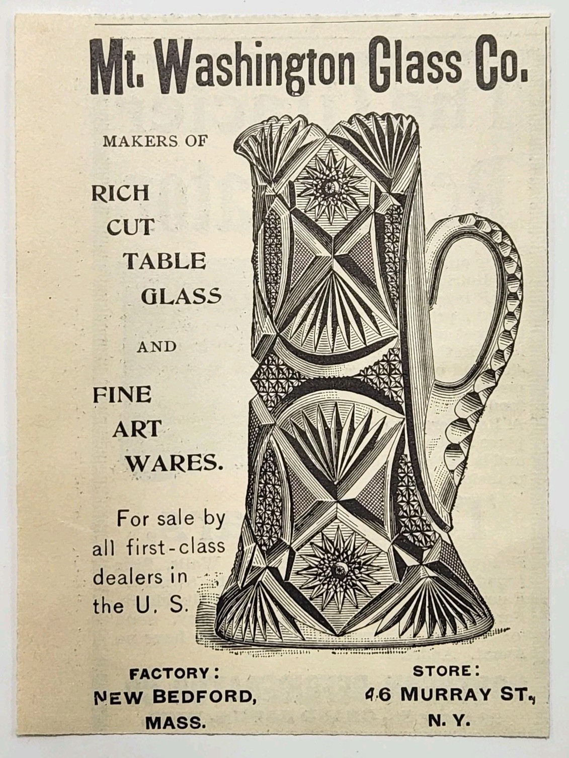 1894 Mt Washington Glass Co Art Wares Victorian Original Print Ad New Bedford MA