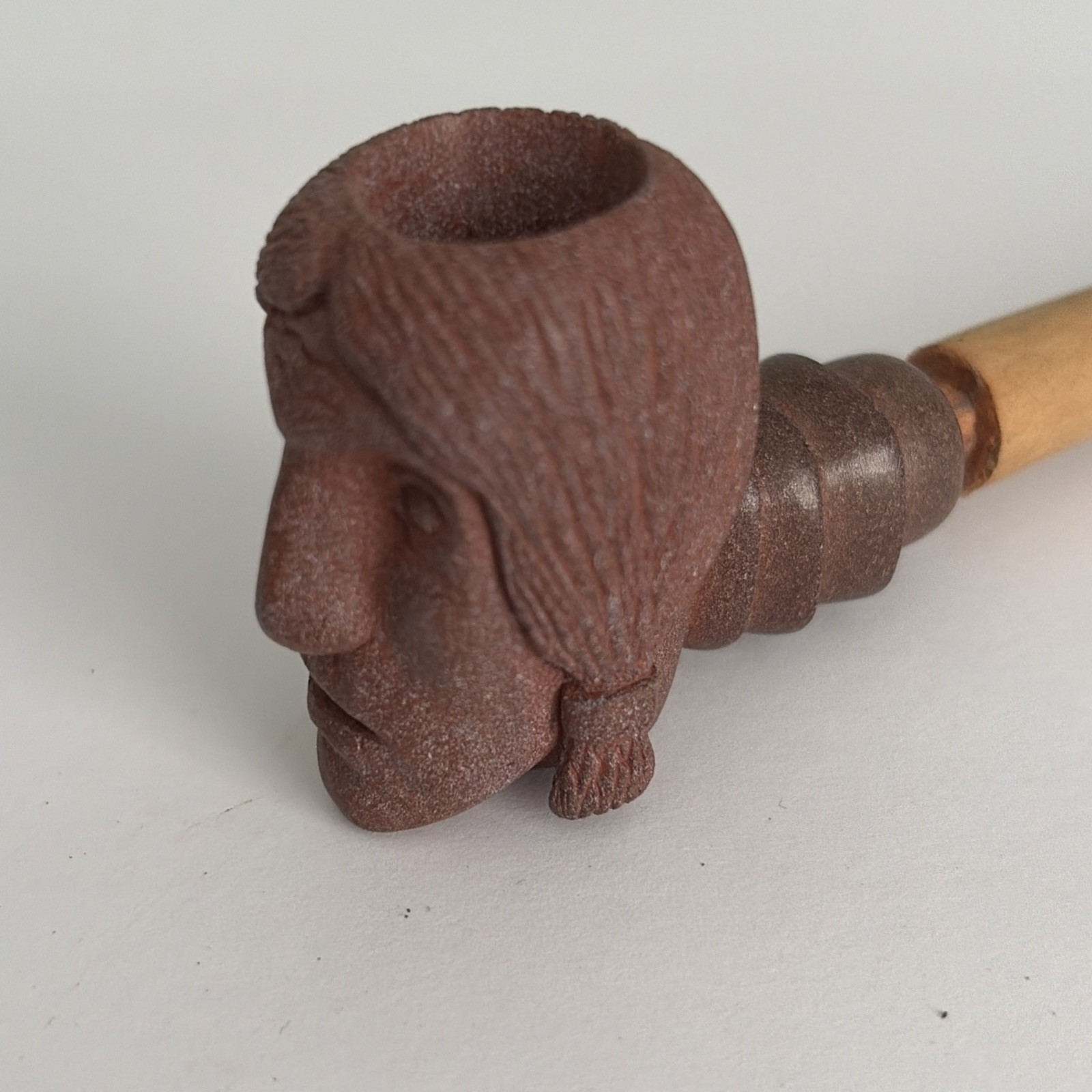 Vintage Effigy Peace Pipe Plains Tribes Catlinite Indian Head w Wood Stem
