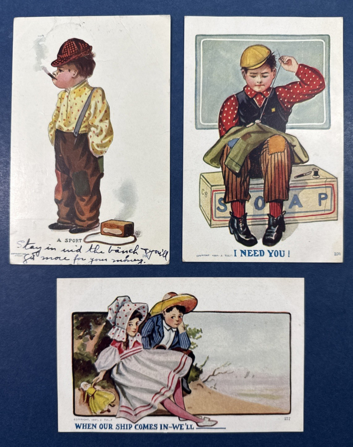 3 Children Greetings Antique Postcards. EMB.  Best Wishes Theme. NICE. 1907