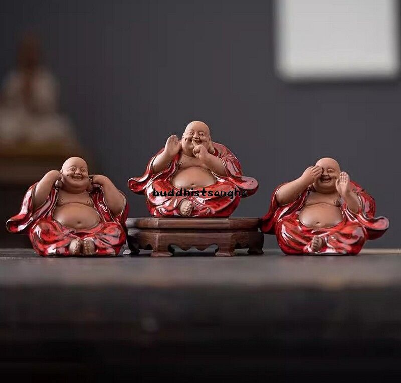 3 Pcs Chinese Zi Sha Clay Laughing Maitreya Buddha Statue Zen Decor