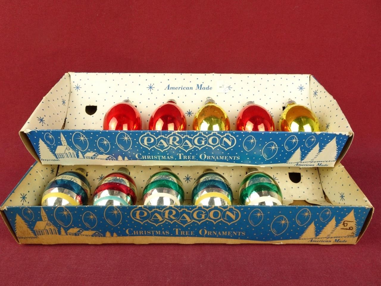 10 VINTAGE MERCURY GLASS CHRISTMAS ORNAMENTS PARAGON TEAR DROPS in ORIGINAL BOX