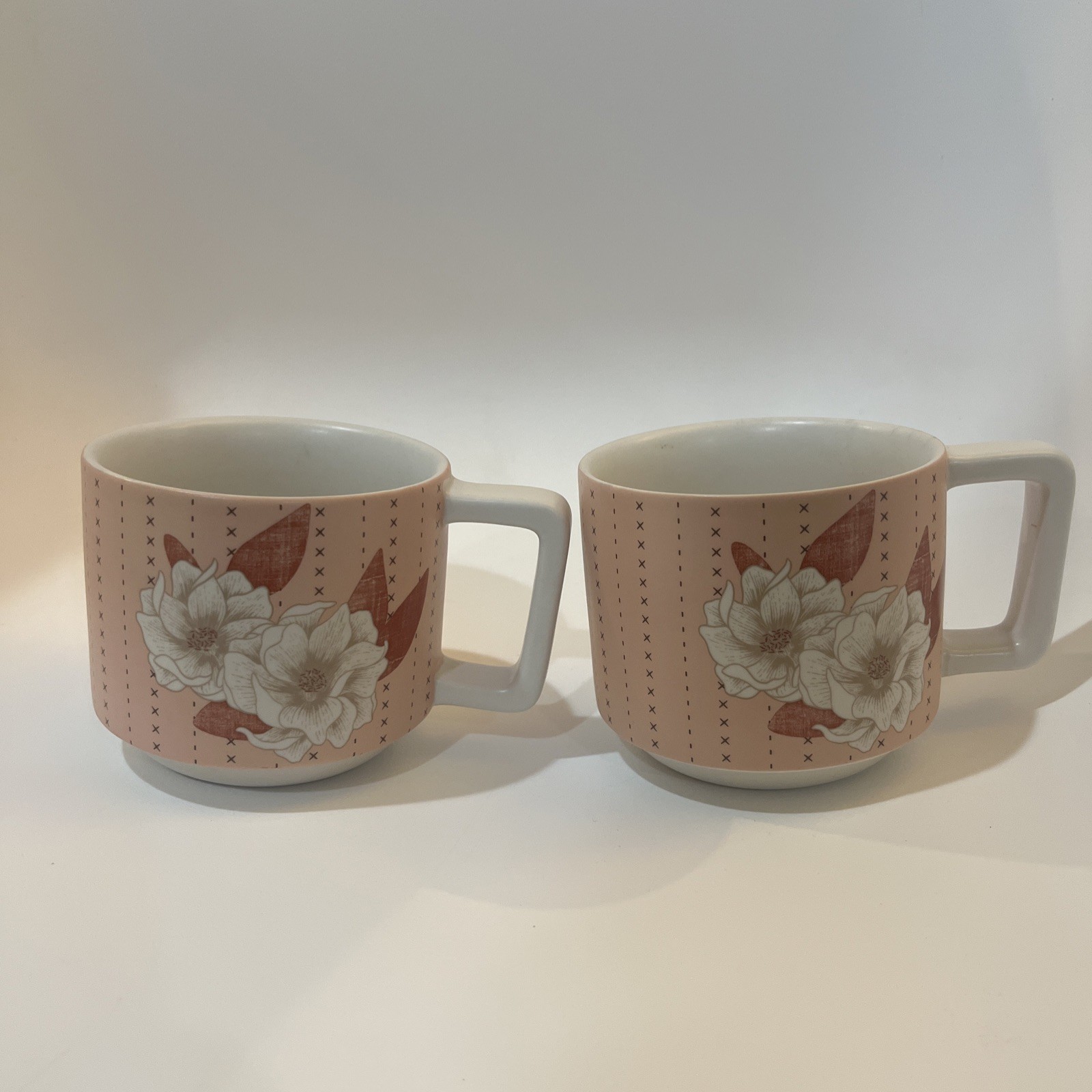 2 Starbucks 2019 Magnolia Flower Stitch Pink Peach Coffee Mug Cup SET 12 oz
