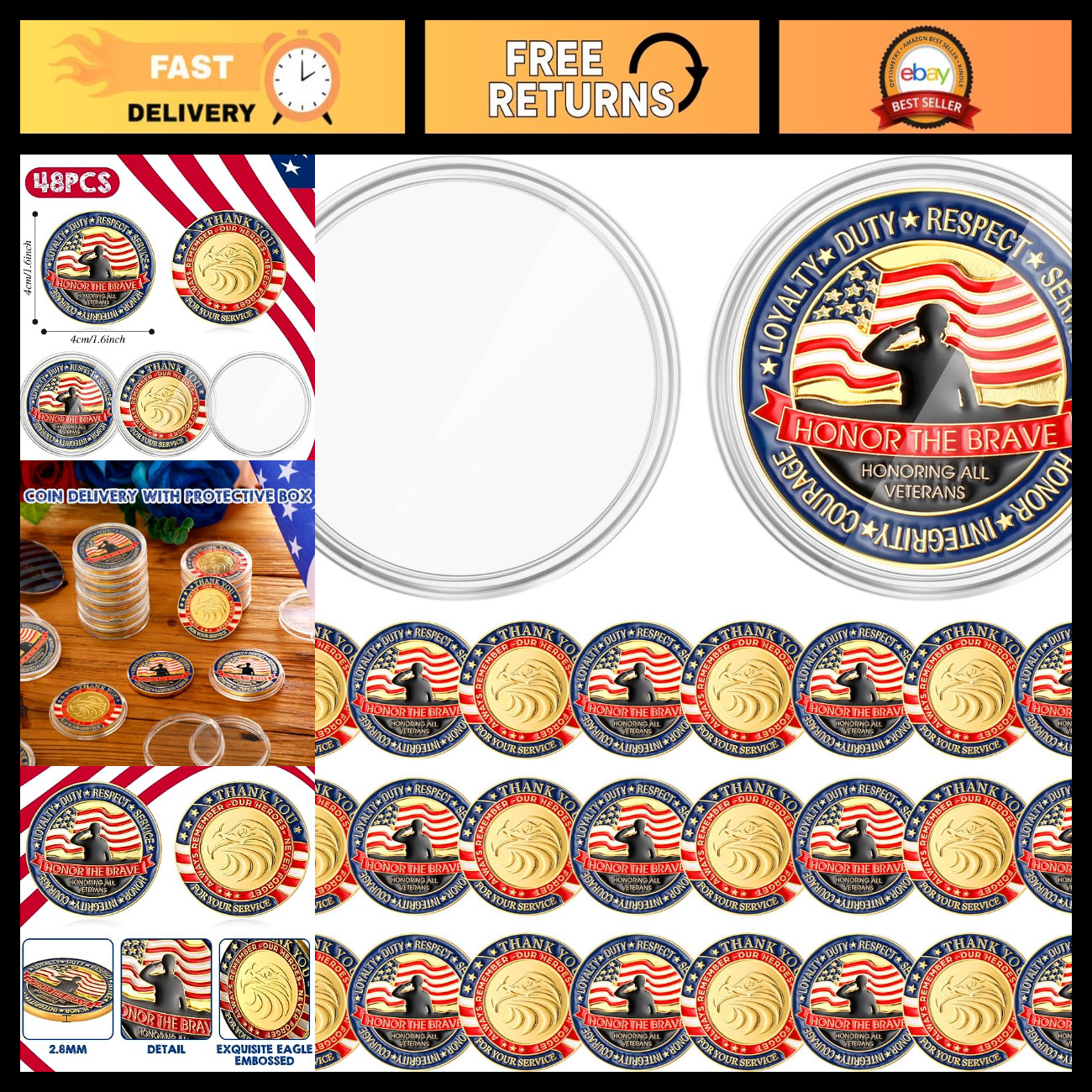 48 Pcs Military Challenge Coins Set with Display Case - Veterans Memorial Day Gi