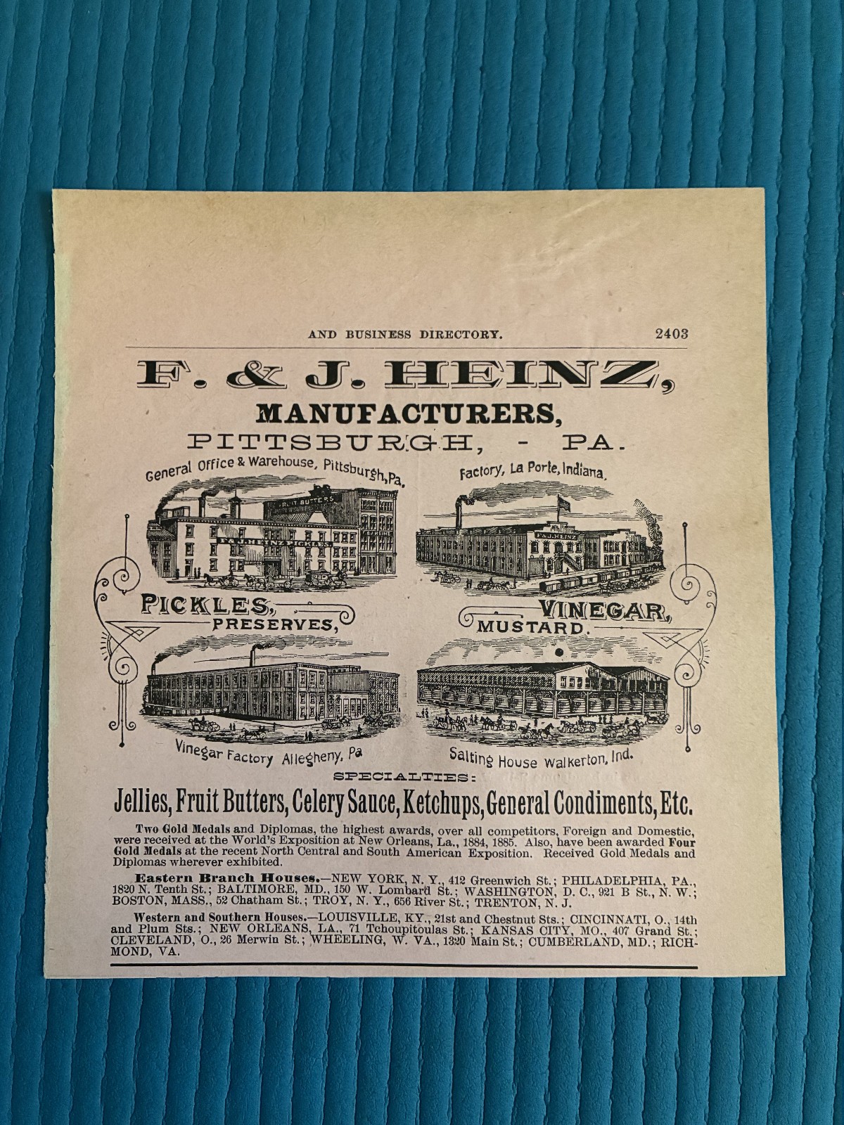 1882-1884 F & J Heinz Factory Advertisement Pickles Ketchup Vinegar Pittsburgh 1882-1884 F & J Heinz Factory Advertisement Pickles Ketchup Vinegar Pittsburgh