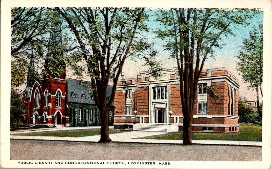Leominster Mass public library and Congregational Church a161 postcard