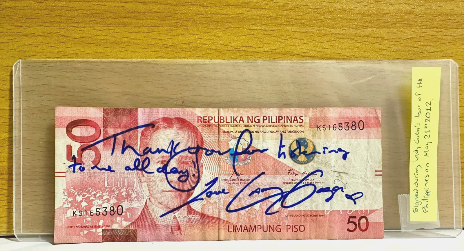 2012 Lady Gaga 'Born This Way' Tour Signed Filipino 50 Dollar Bill