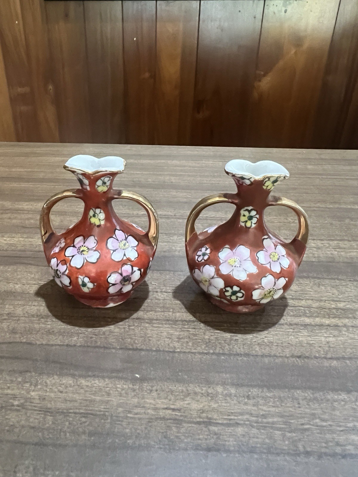 Pair Vintage Japanese Miniature Vases Cherry Blossom Red Ground Gilt Handles Pair Vintage Japanese Miniature Vases Cherry Blossom Red Ground Gilt Handles