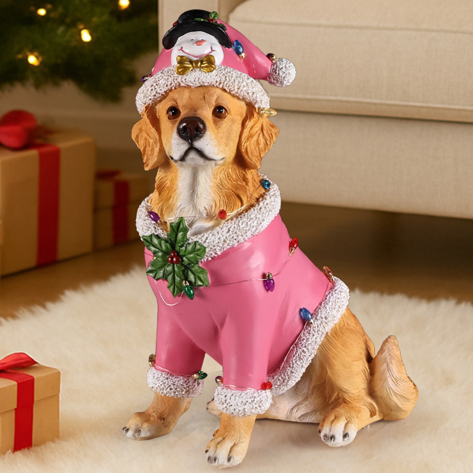Golden Retriever Statue in Pink Santa Outfit, Holiday Dog Figurine, 19.69\