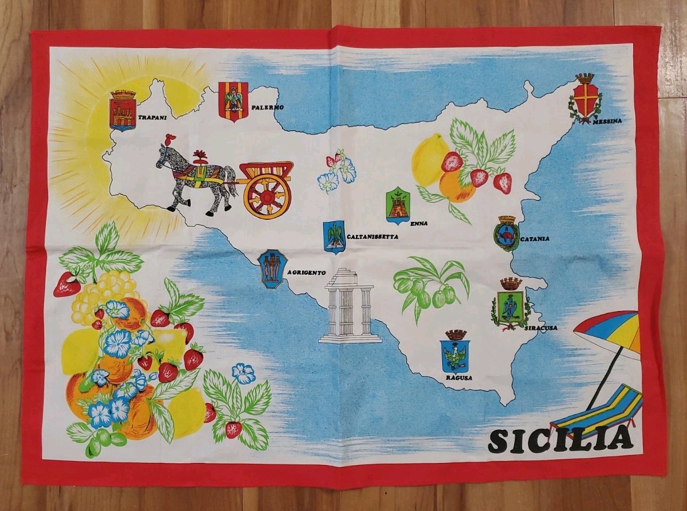 Vintage Souvenir SICILY SICILA MAP Red Blue White Cotton Kitchen Tea Towel Vintage Souvenir SICILY SICILA MAP Red Blue White Cotton Kitchen Tea Towel