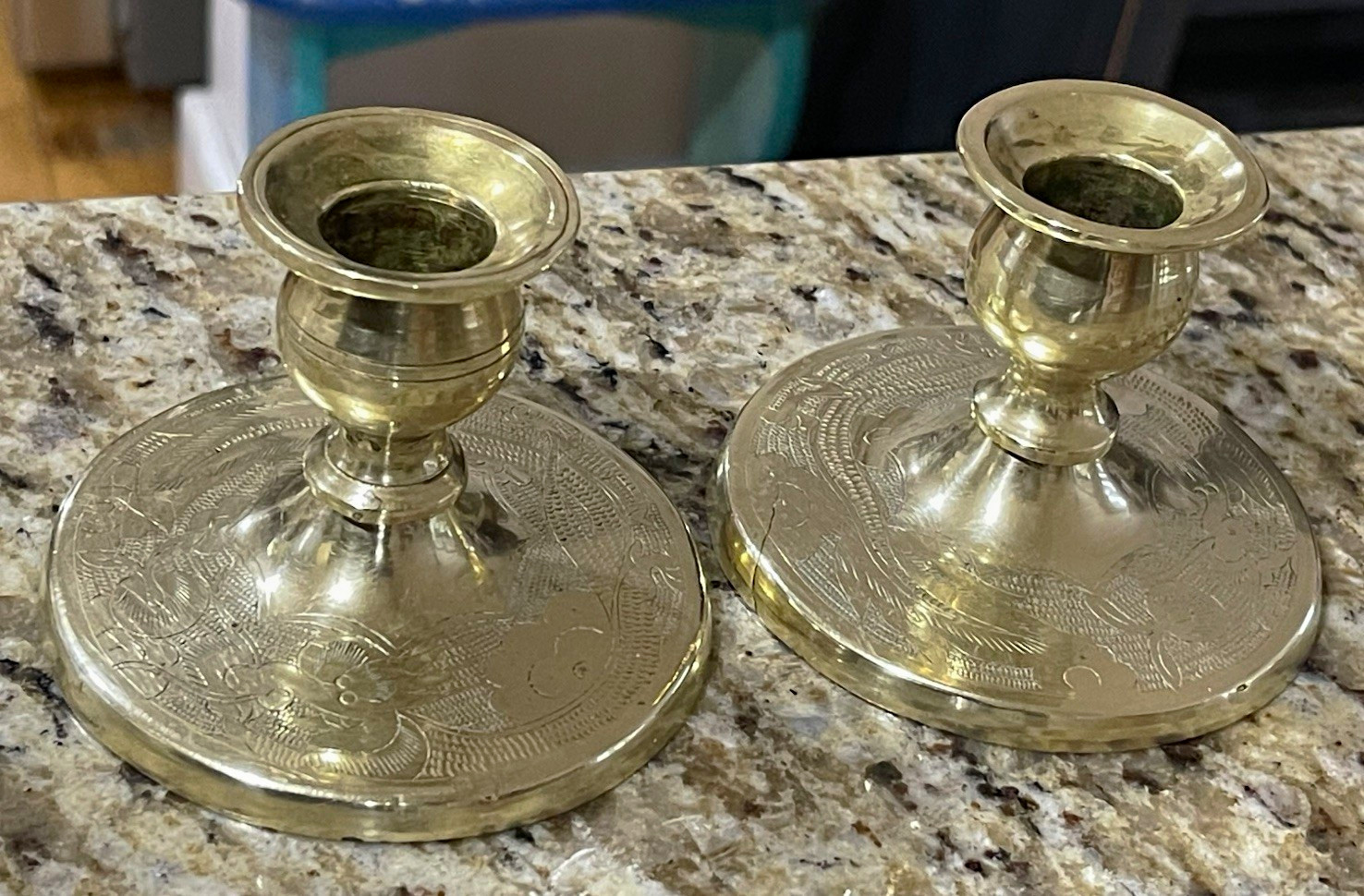 Pair Vintage Brass Asian Candlesticks Ornate Etched Dragon Candle Holders