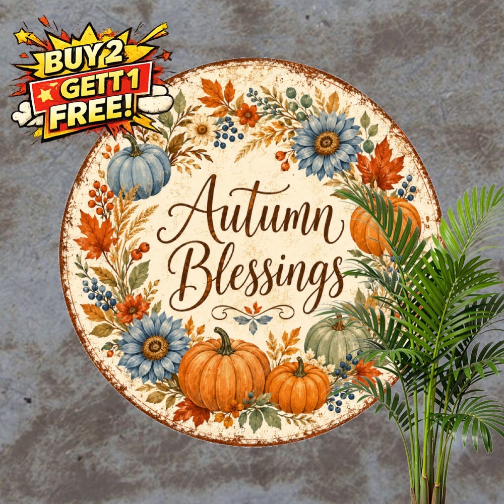 Autumn Harvest Thanksgiving Wreath Round Metal Tin Plaque Fall Decor 8x8