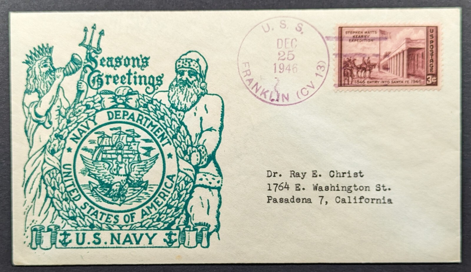 Season Greetings US Navy 1946 Military World War 2 Illustrated Envelope