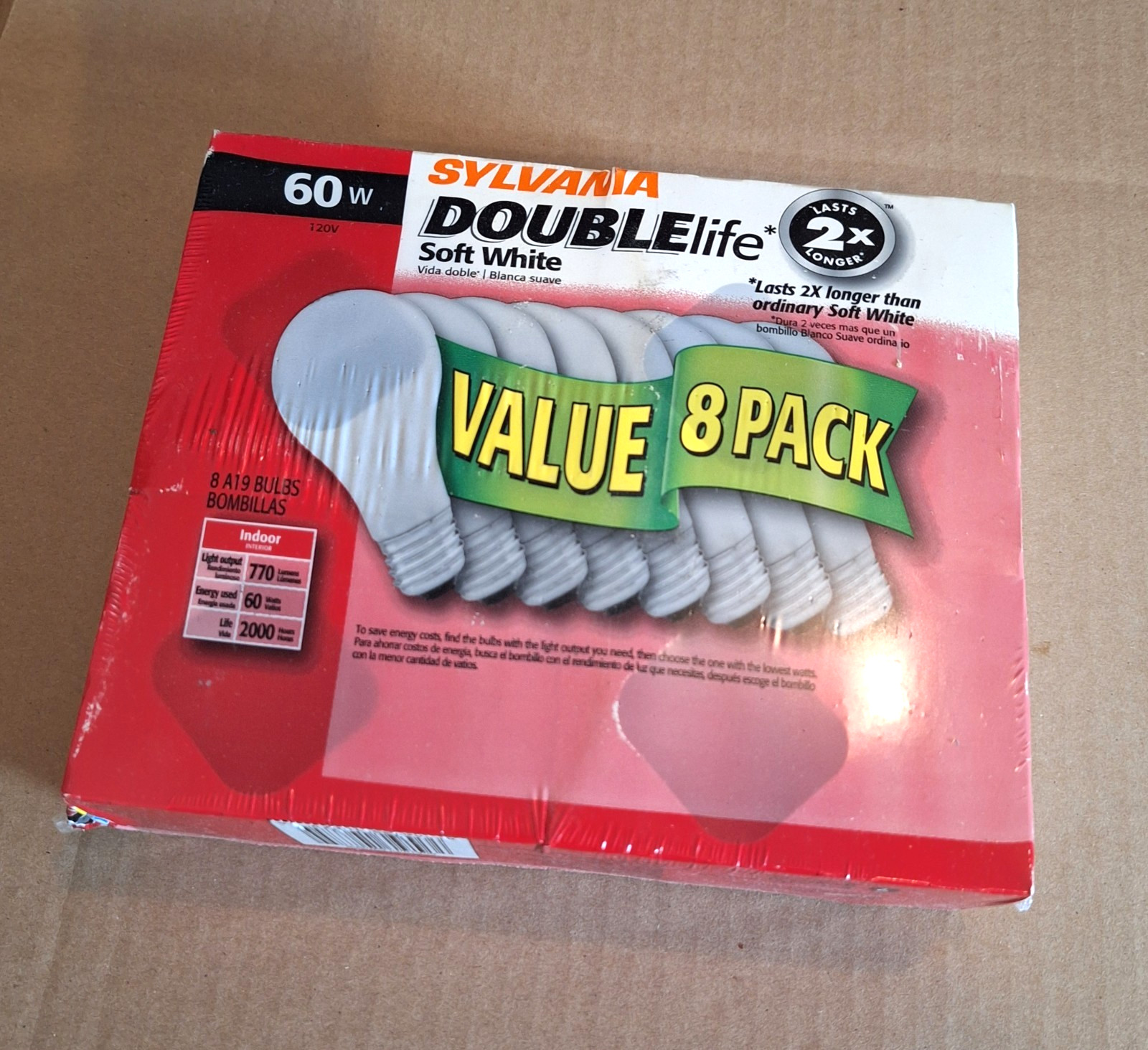 8 Pack Sylvania 60W Soft White Double Life Light Bulbs A19 New Sealed