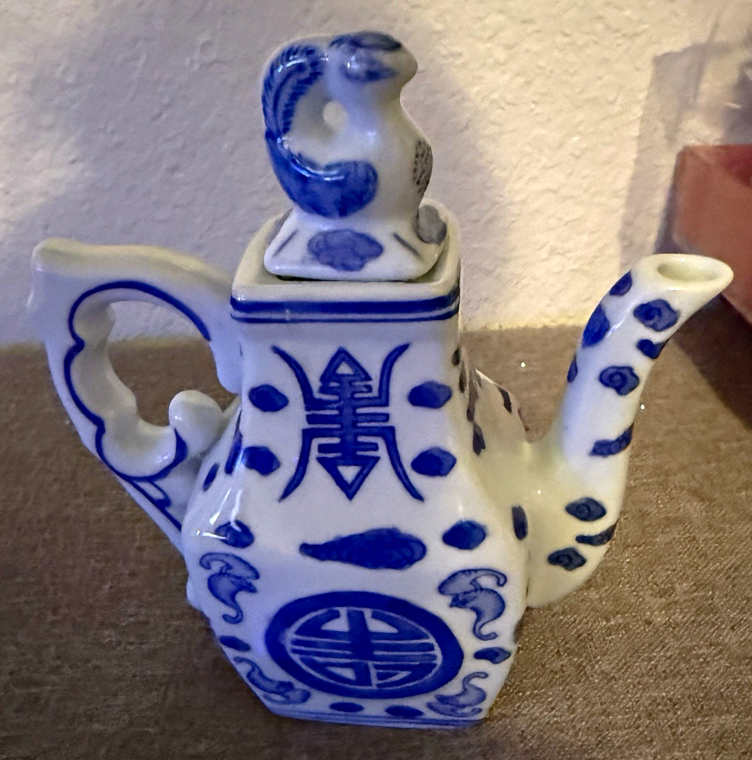 Chinese Style Blue & White Porcelain Teapot with Figural Lid