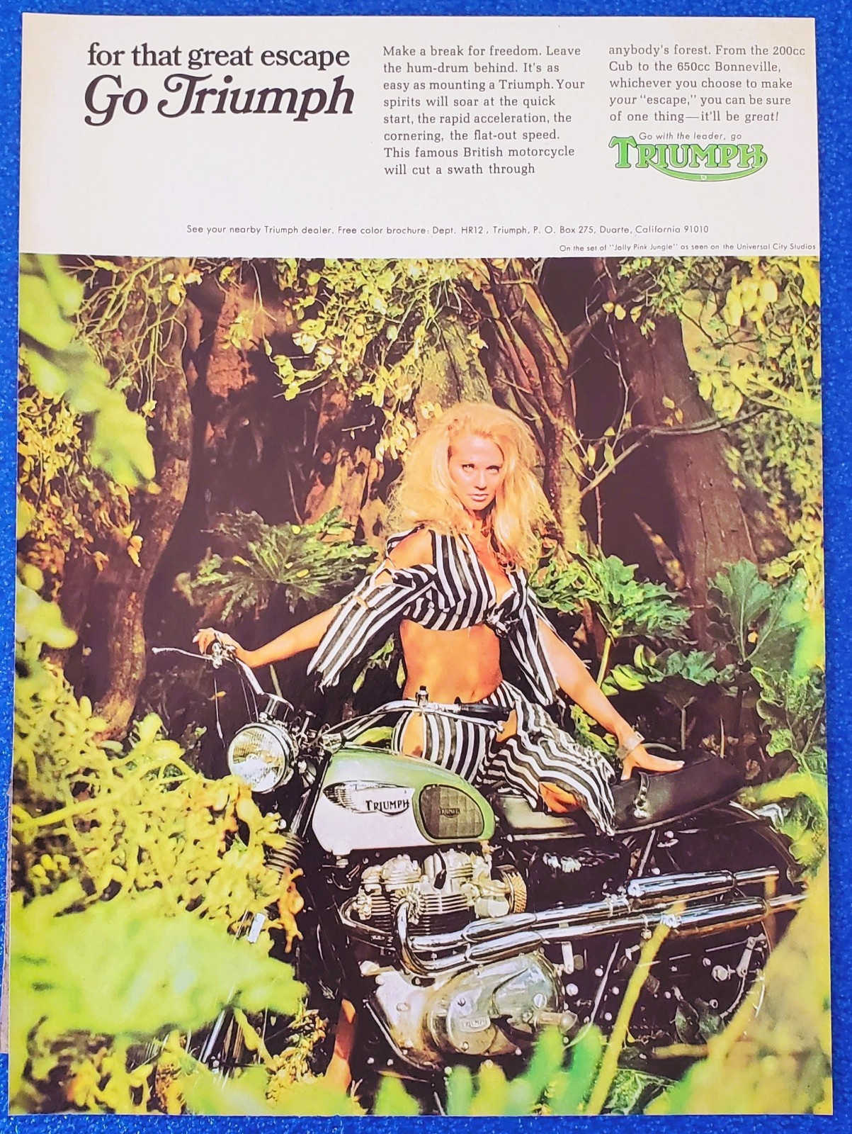 1968 Triumph Bonneville Motorcycle Print Ad Go Triumph Joy Harmon Wall Art Gift
