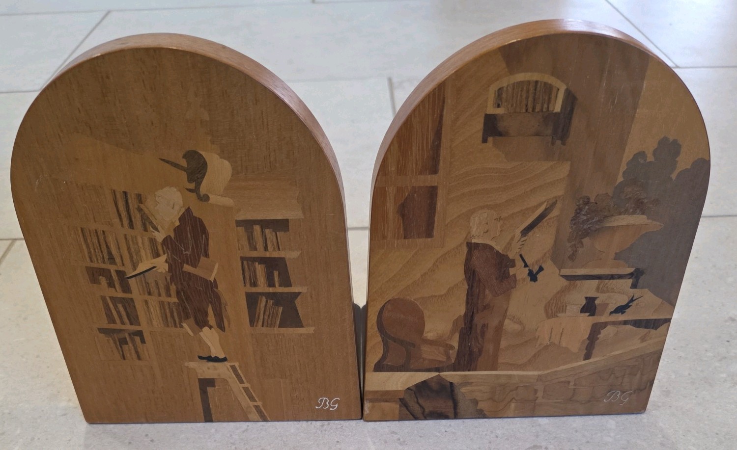 Vintage BG Buchschmid Gretaux Marquetry Wood Inlay BOOKENDS RARE - Read