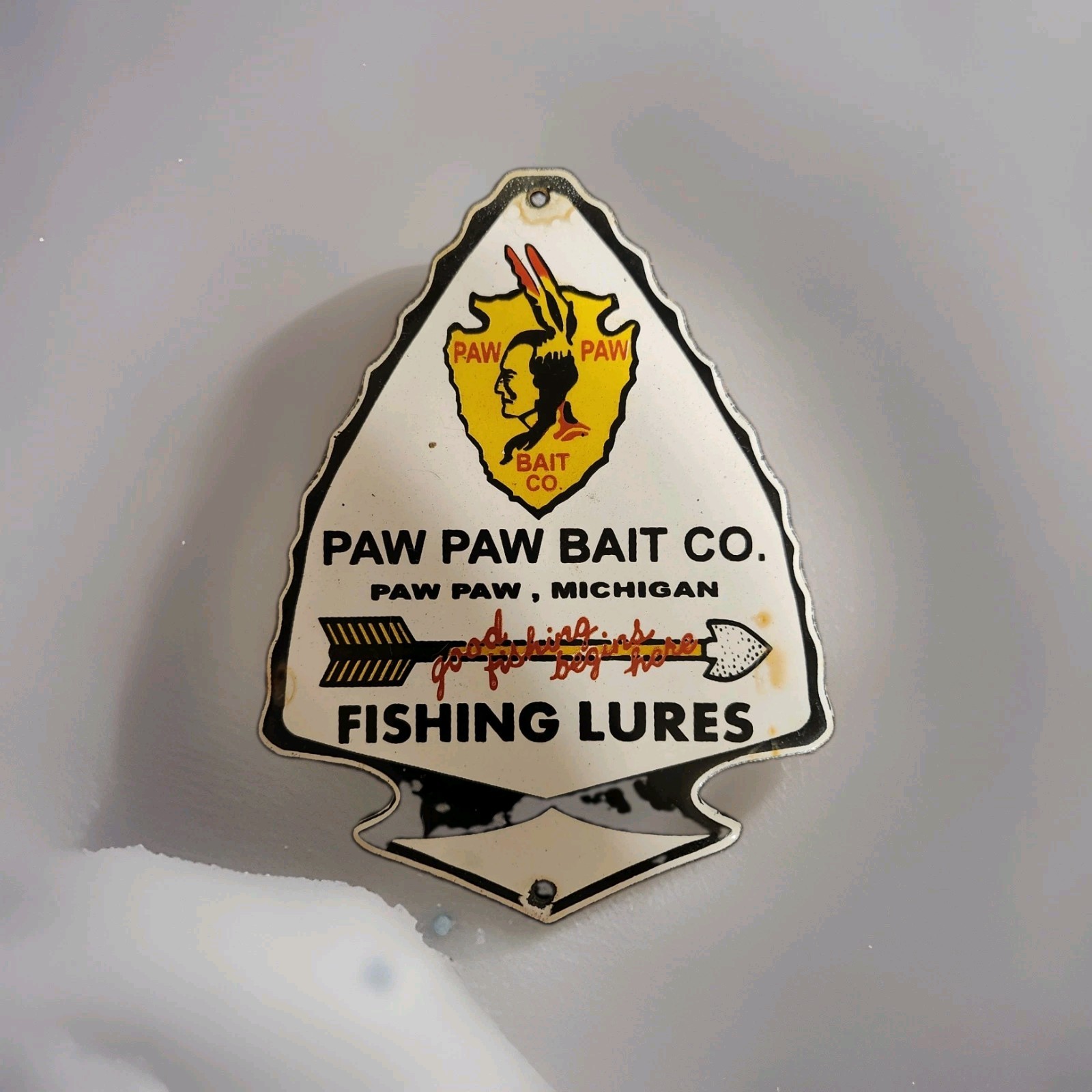 Vintage Paw Paw Bait Porcelain Sign Fishing Lures Bass Michigan Great Lakes USA Vintage Paw Paw Bait Porcelain Sign Fishing Lures Bass Michigan Great Lakes USA