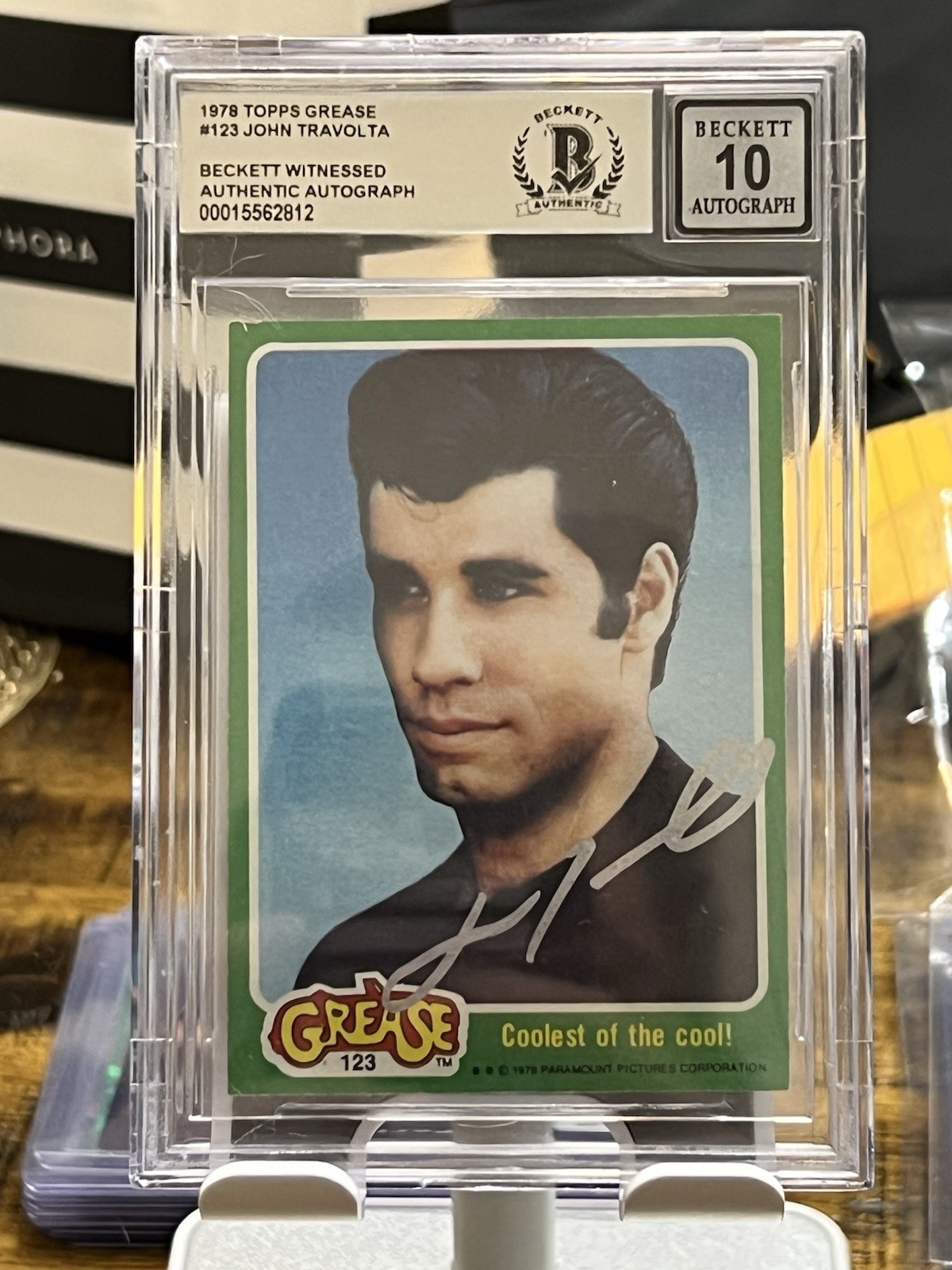 John Travolta Auto – 1978 Topps Grease #123 – Beckett Witnessed – Auto 10