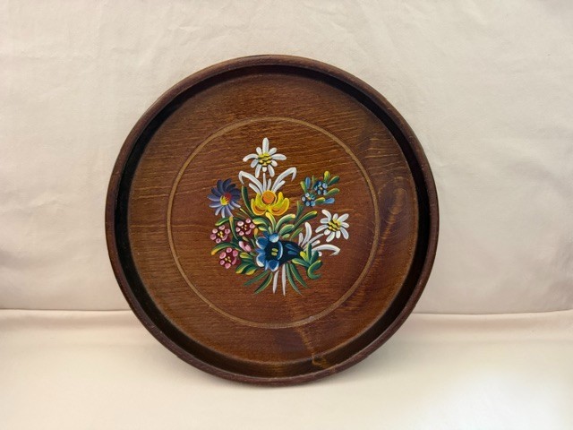 Vintage Hand Turned Hand Painted Floral Swiss Wood Plate Switzerland