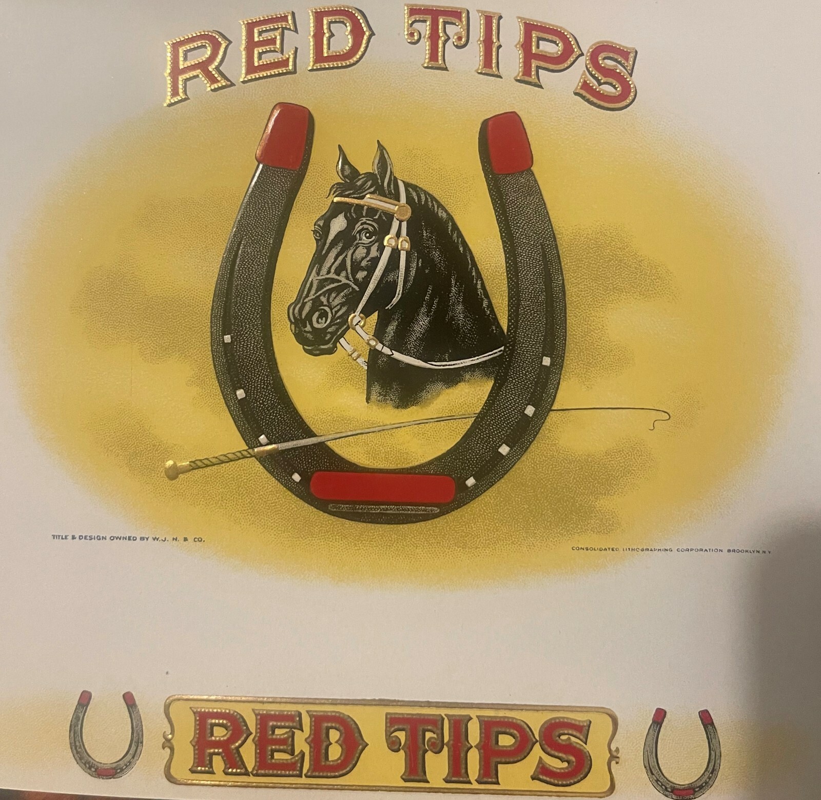Antique Red Tips 🐴 Cigar Label Horse Horseshoe Gold Embossed Lithograph 1920s