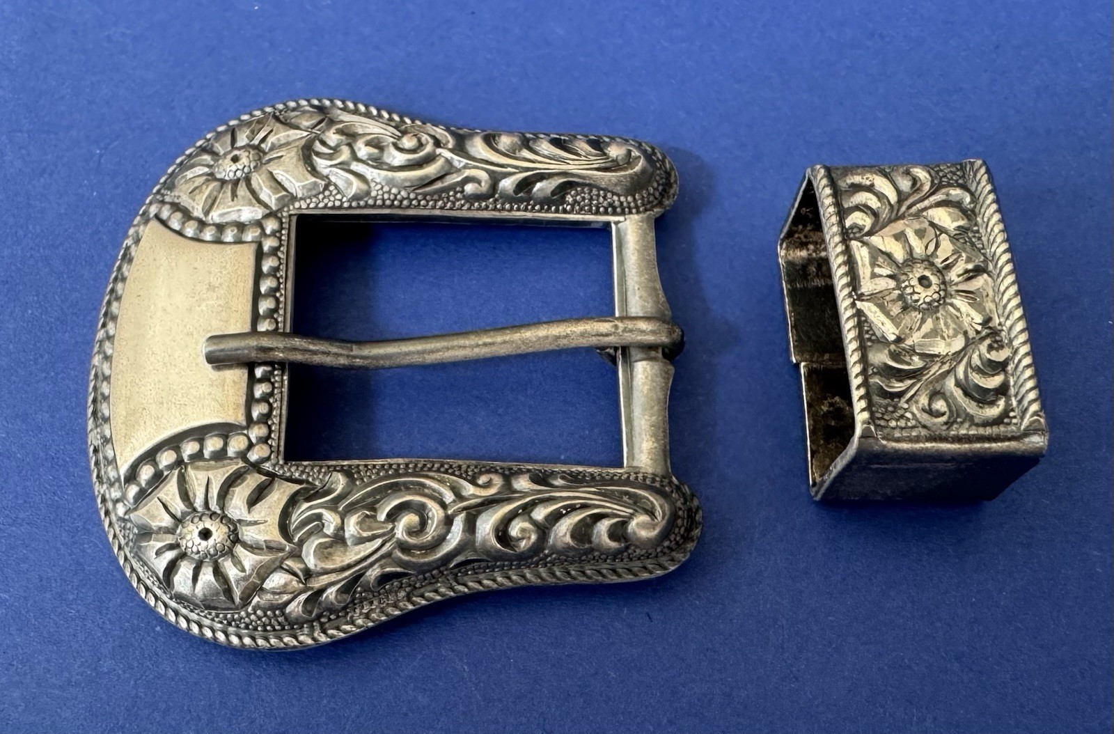 VTG Old Western American Unbranded Sterling Silver Ranger Belt Buckle & Keeper