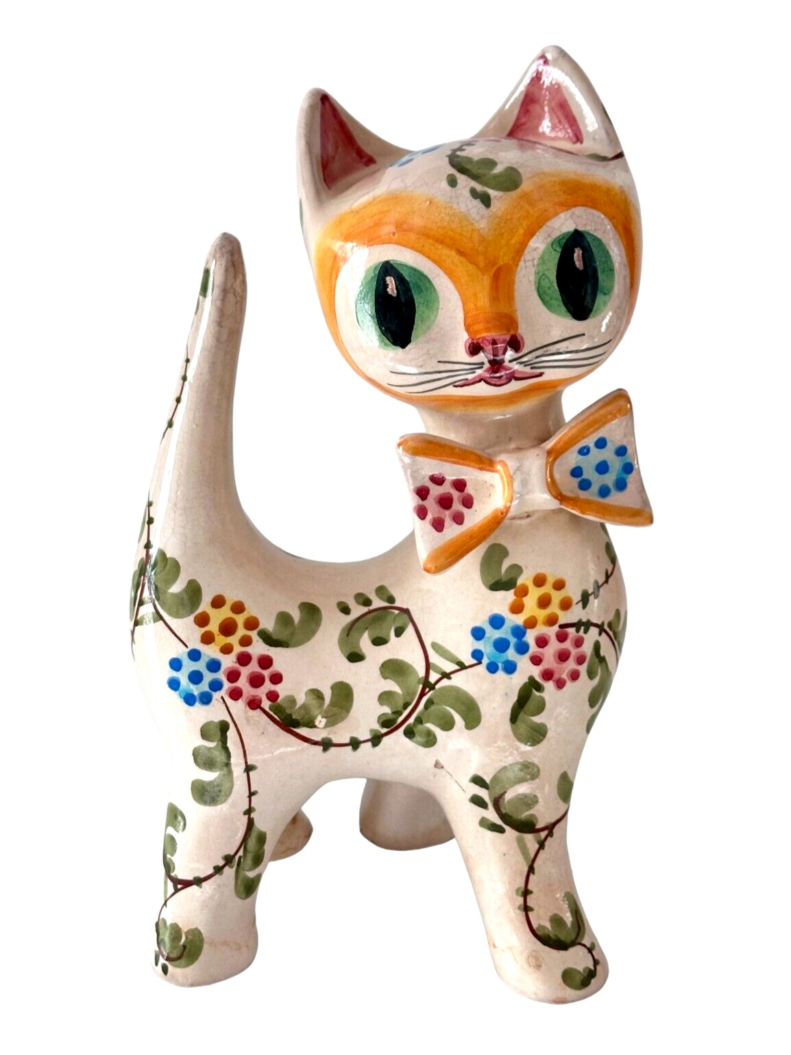 MCM Italian Majolica Pottery Cat Sculpture Hand Painted Glazed Floral Signed 12