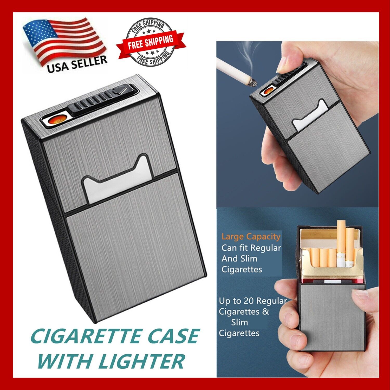 Cigarette Case With Lighter Flameless Tobacco Box Holder Waterproof Rechargeable