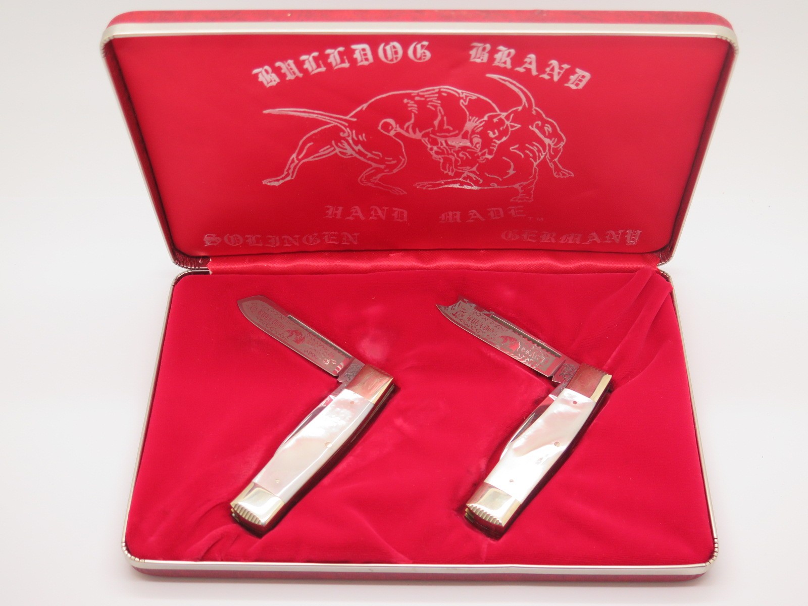 Vintage Gen 1 Bulldog Brand Limited Solingen MOP Pearl Folding Pocket Knife Set Vintage Gen 1 Bulldog Brand Limited Solingen MOP Pearl Folding Pocket Knife Set