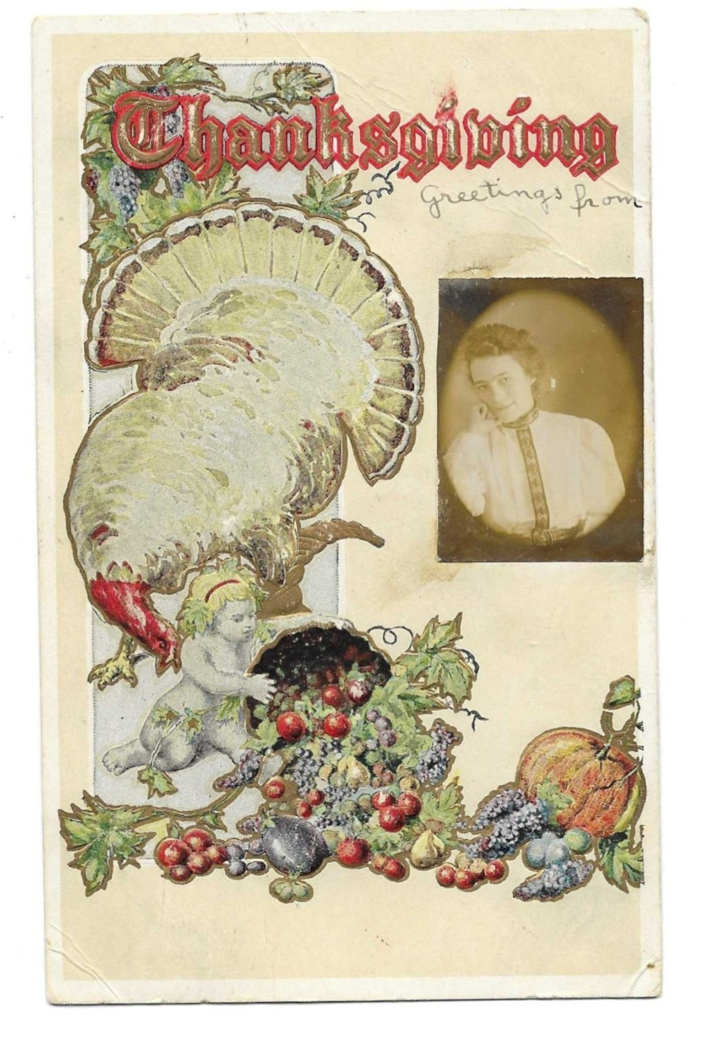 1906 Thanksgiving embossed Postcard~w/ real photo of woman