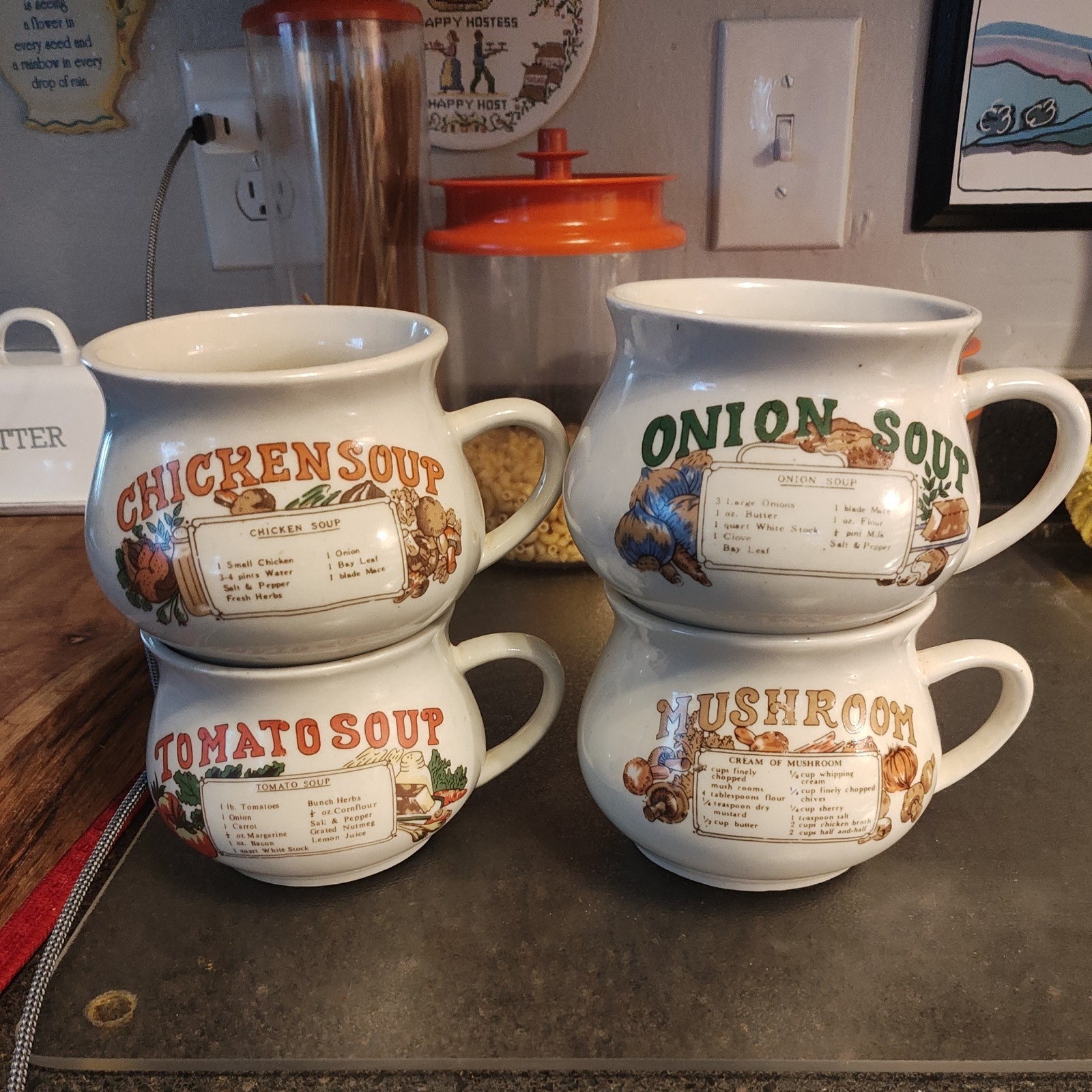 VTG 4 Pc Soup Recipe Mug Cup Bowl with Handles Onion Chicken Mushroom